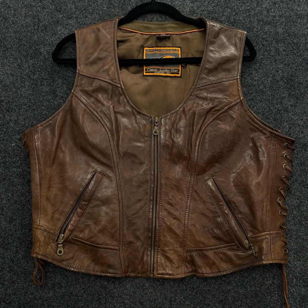 First Classics Mens Brown Leather Motorcycle Vest XXL Zipper Side Lace Biker